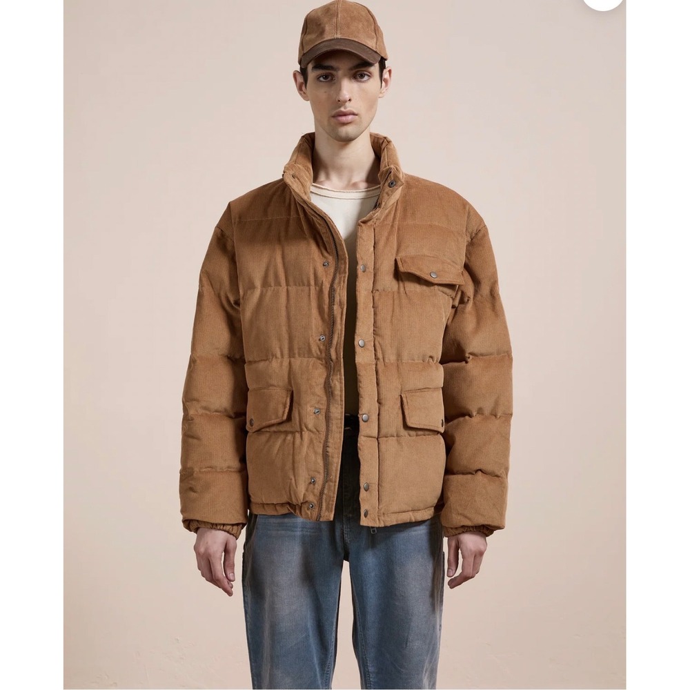 FOUND Corduroy Puffer Jacket Brown Quilted Zip Front Stand Collar Unisex Medium